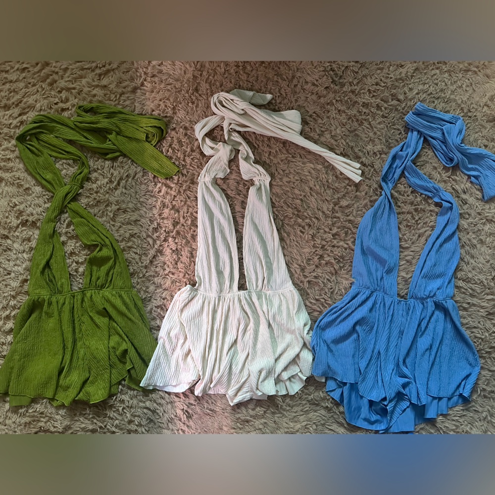 Blue, White, and Green Wrap Tops